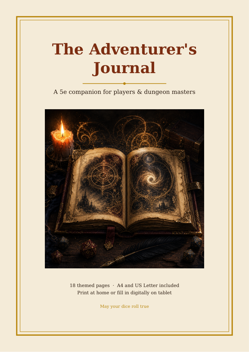 DnD Character Journal Printable 5e — The Adventurer's Journal — 18 themed pages