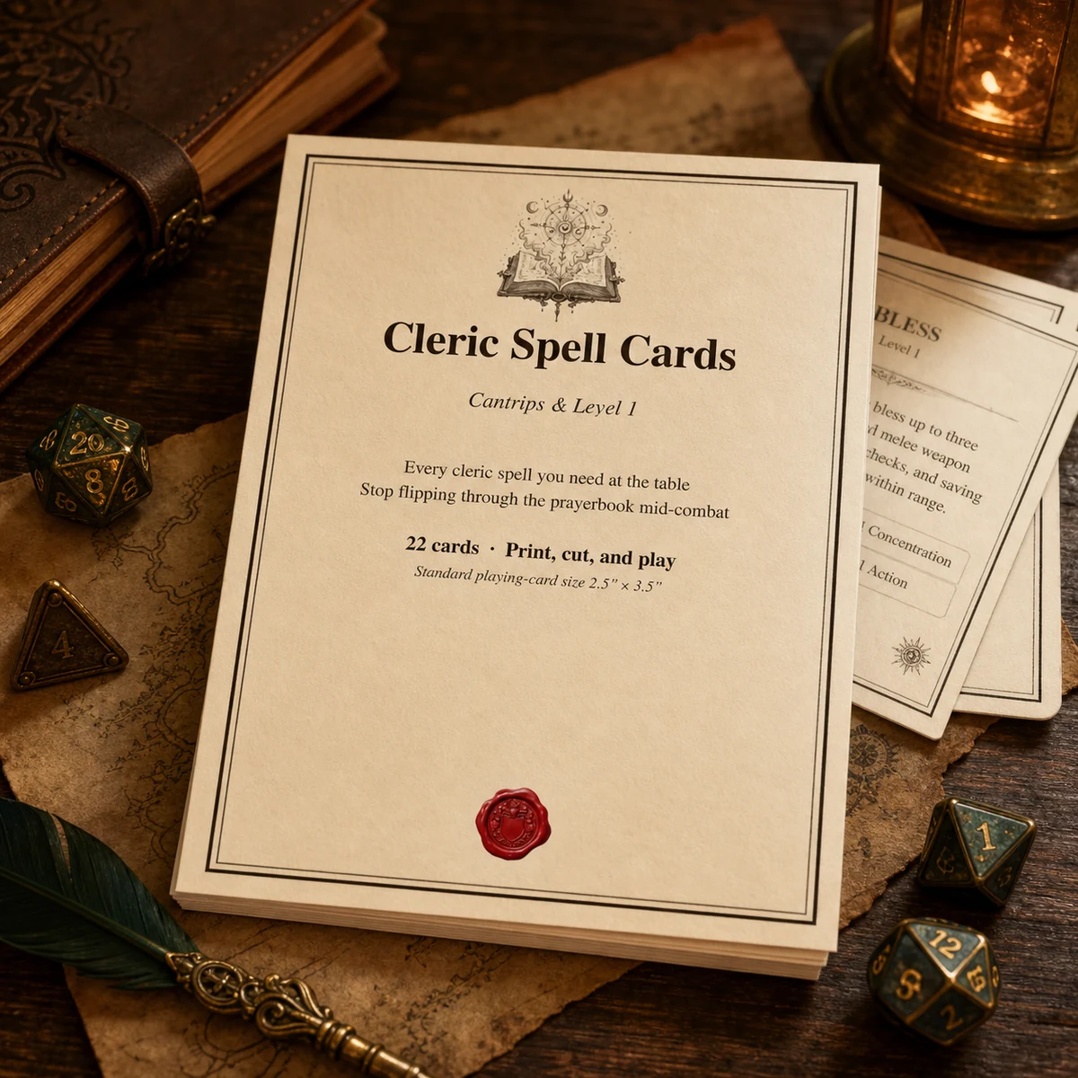 DnD Cleric Spell Cards 5e Printable PDF — All cleric cantrips + level 1 spells