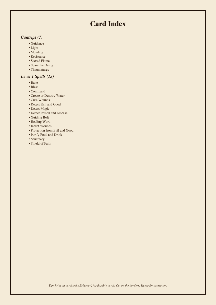 DnD Cleric Spell Cards 5e Printable PDF preview 2
