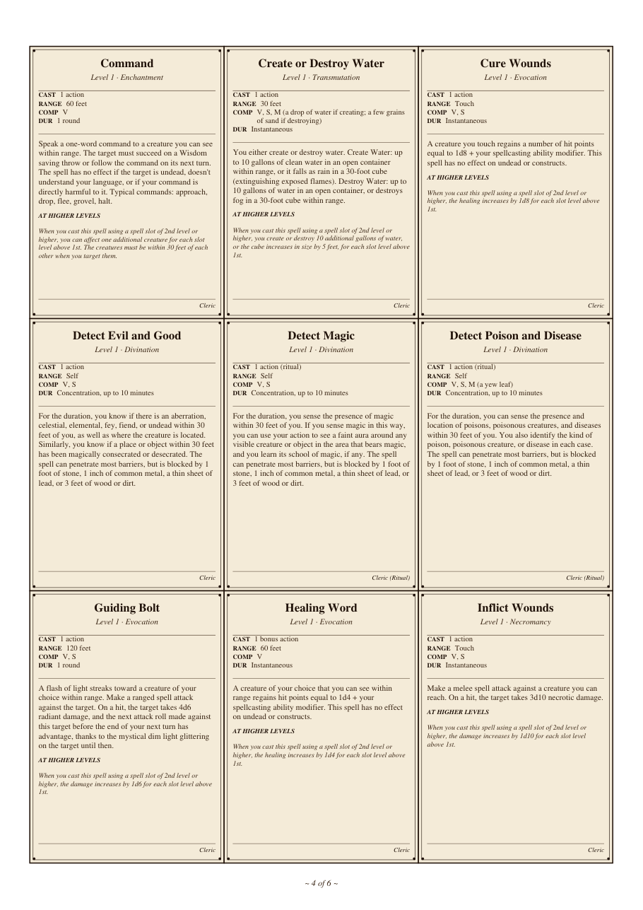DnD Cleric Spell Cards 5e Printable PDF preview 4