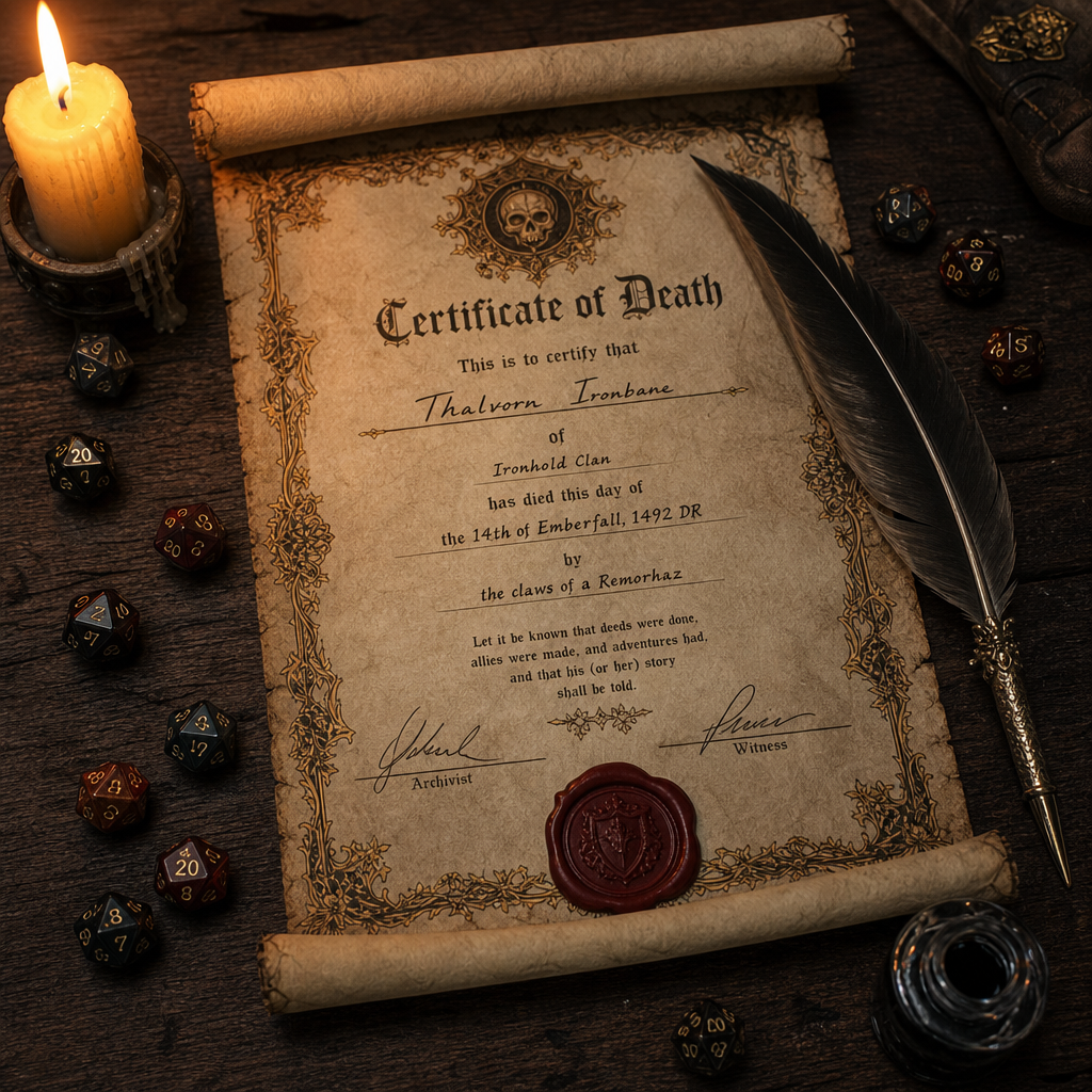DnD Death Certificate Printable — Five character death certificate designs