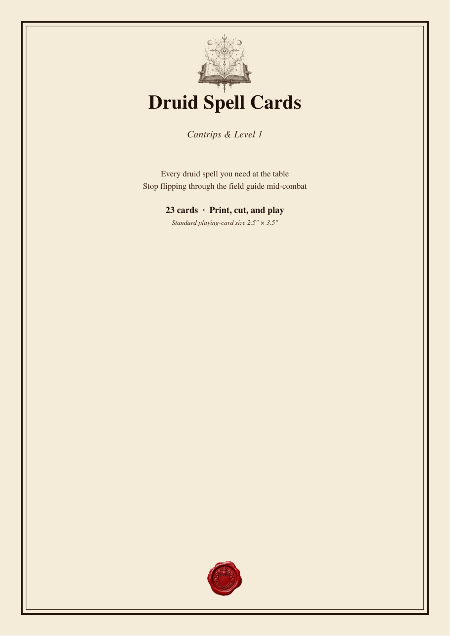 DnD Druid Spell Cards 5e Printable PDF preview 1