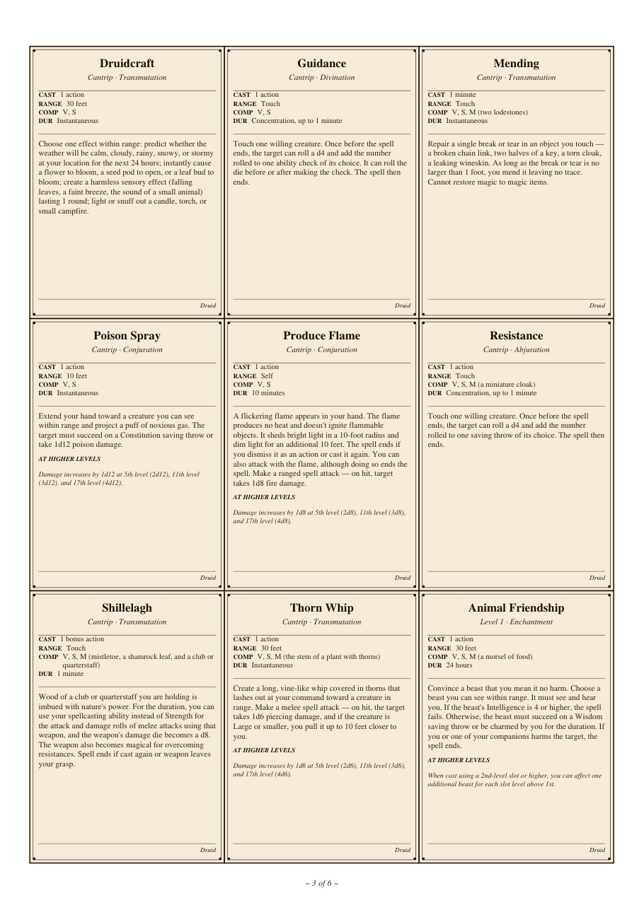 DnD Druid Spell Cards 5e Printable PDF preview 3