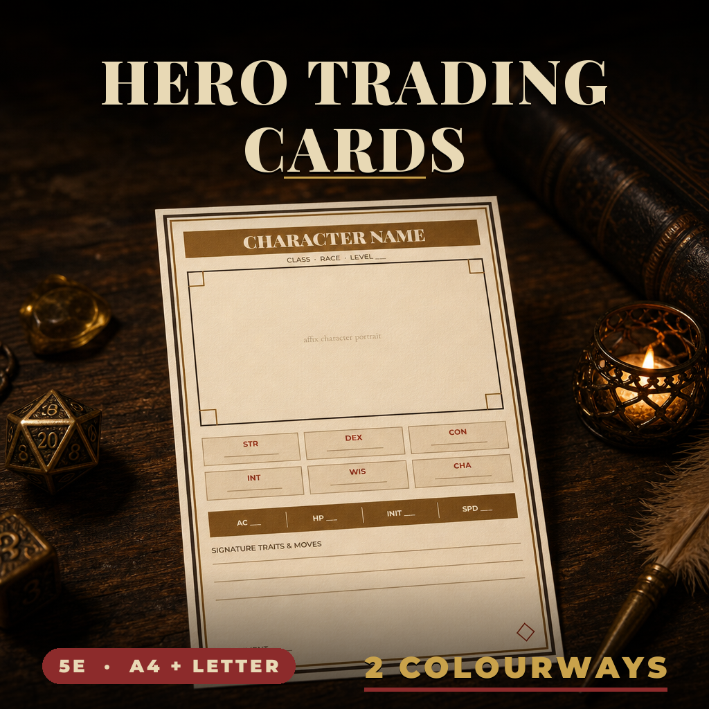 DnD Character Trading Card Printable 5e — Fillable hero stat card, print and cut