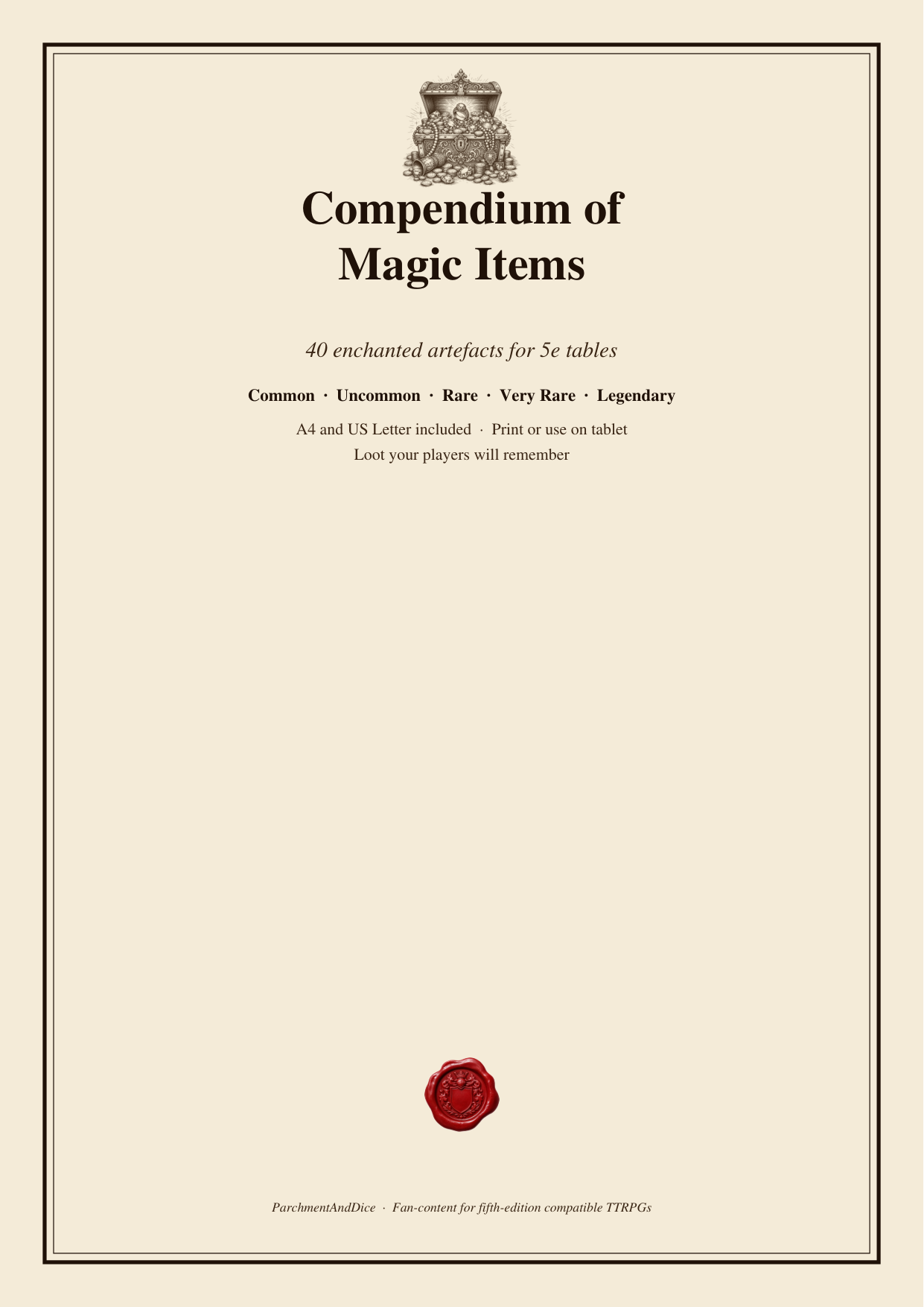 DnD Magic Items Printable 5e Compendium PDF — 40-item compendium across five rarities