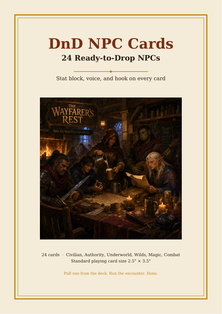 DnD NPC Cards Printable 5e PDF — 24 ready-to-drop NPCs