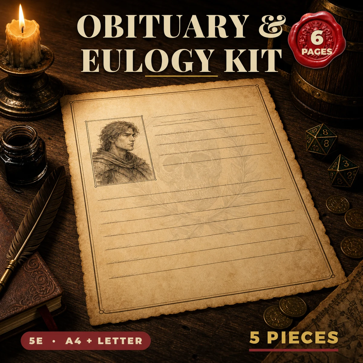 DnD Character Obituary and Eulogy Kit Printable — Fill-in newspaper death notice + eulogy kit