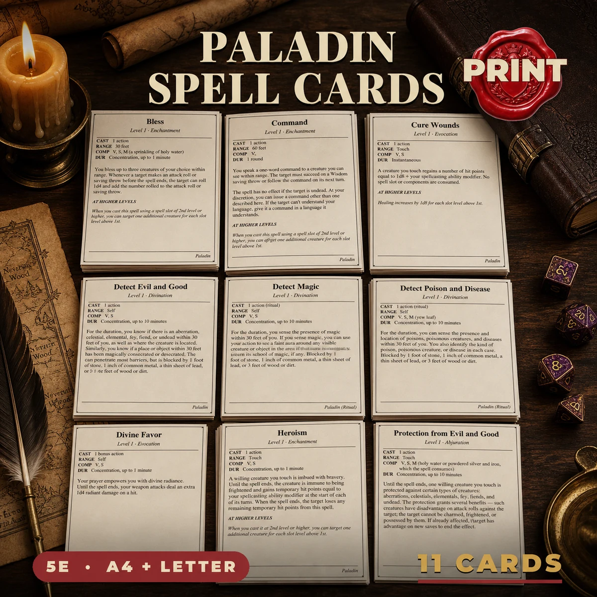 DnD Paladin Spell Cards 5e Printable PDF | All 11 Level 1 Spells | A4 + US Letter | Tabletop RPG Reference — All 11 Level 1 Spells | A4 + US Letter | Tabletop RPG Reference