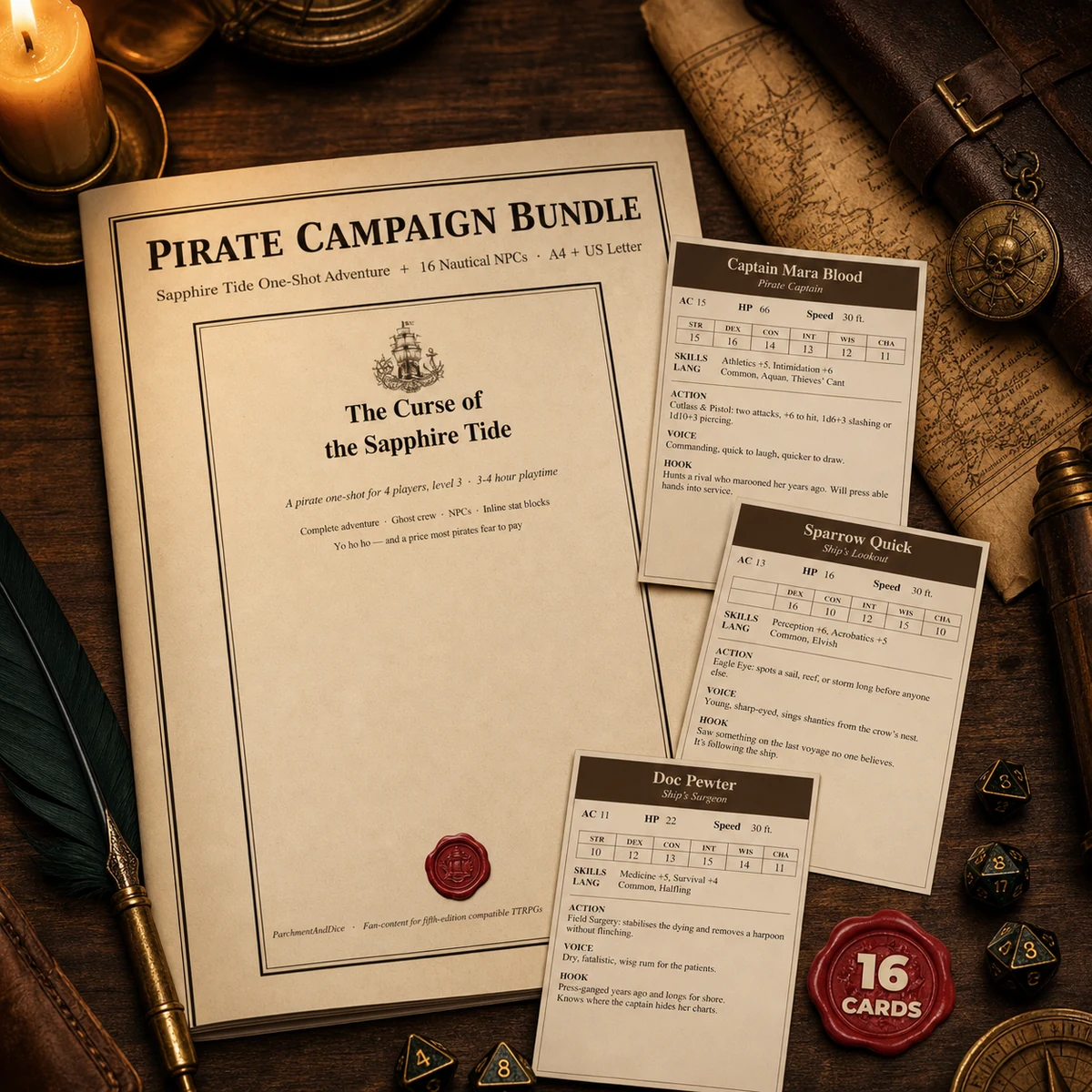 DnD Pirate Campaign Bundle 5e Printable Pdf | Sapphire Tide One Shot Adventure Plus 16 Nautical NPC Cards | Sea Tabletop Rpg Night — Sapphire Tide One Shot Adventure Plus 16 Nautical NPC Cards | Sea Tabletop Rpg N