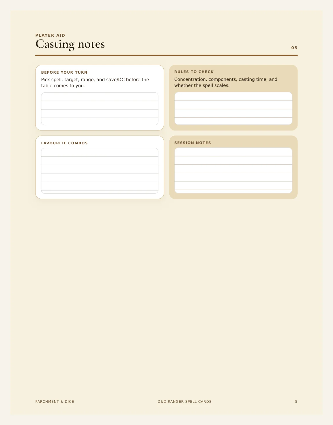 DnD Ranger Spell Cards 5e Printable PDF | All 10 Level 1 Spells | A4 + US Letter | Tabletop RPG Reference — Ranger Spell Cards Actual Buyer Preview 3