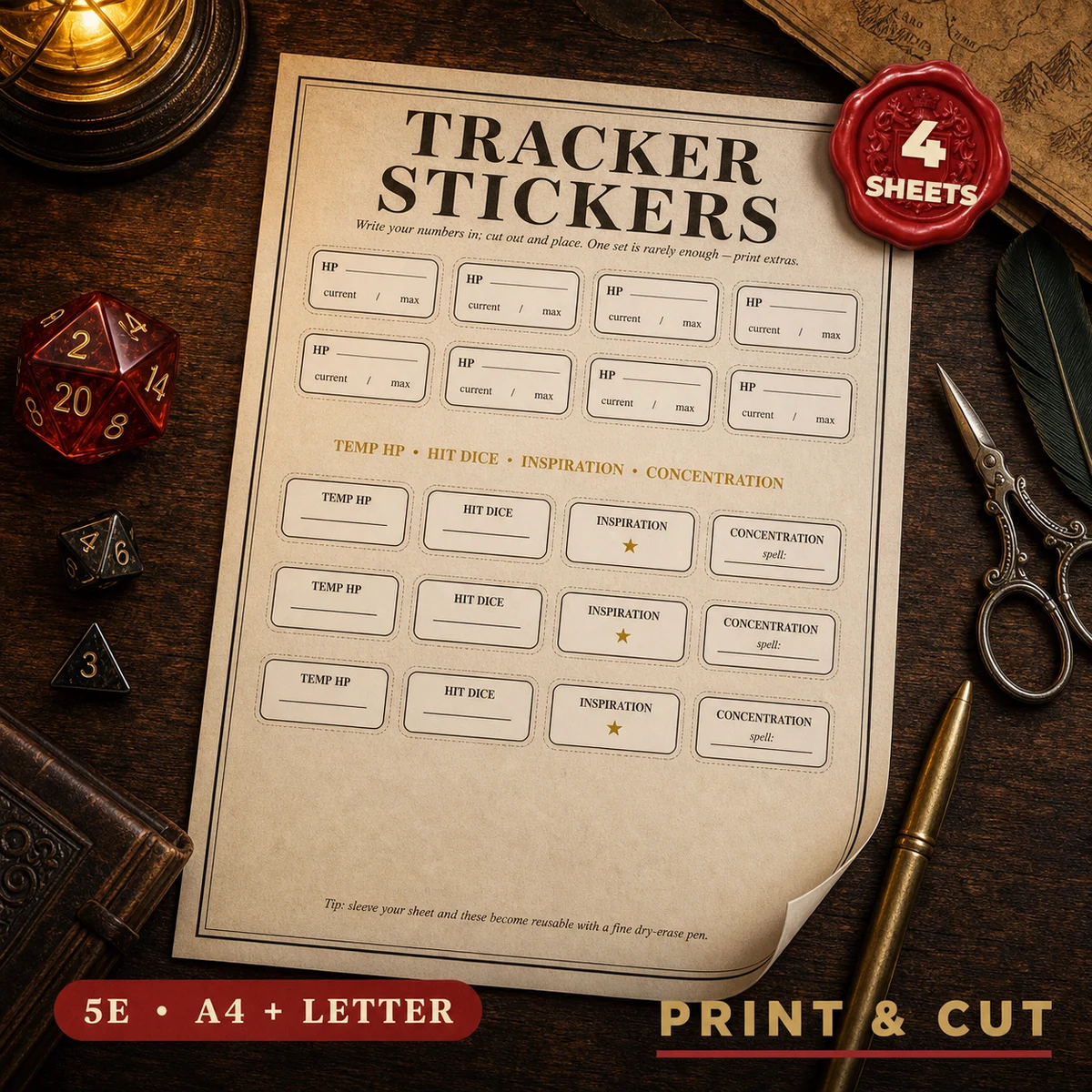 DnD Tracker and Condition Sticker Sheet Printable - 5e HP Spell Slot Death Save Markers - Cut Out Combat Tokens - Instant Download — 5e HP Spell Slot Death Save Markers - Cut Out Combat Tokens - Instant Download