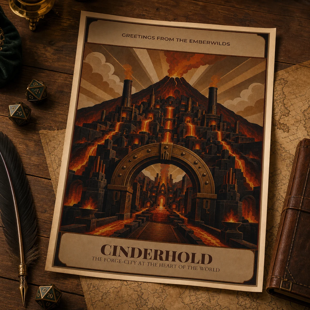Fantasy Travel Poster - DnD Wall Art - Art Deco Volcano Forge City Print - Original Fantasy World - Dungeon Master Gift - Instant Download — DnD Wall Art - Art Deco Volcano Forge City Print - Original Fantasy World - Dung