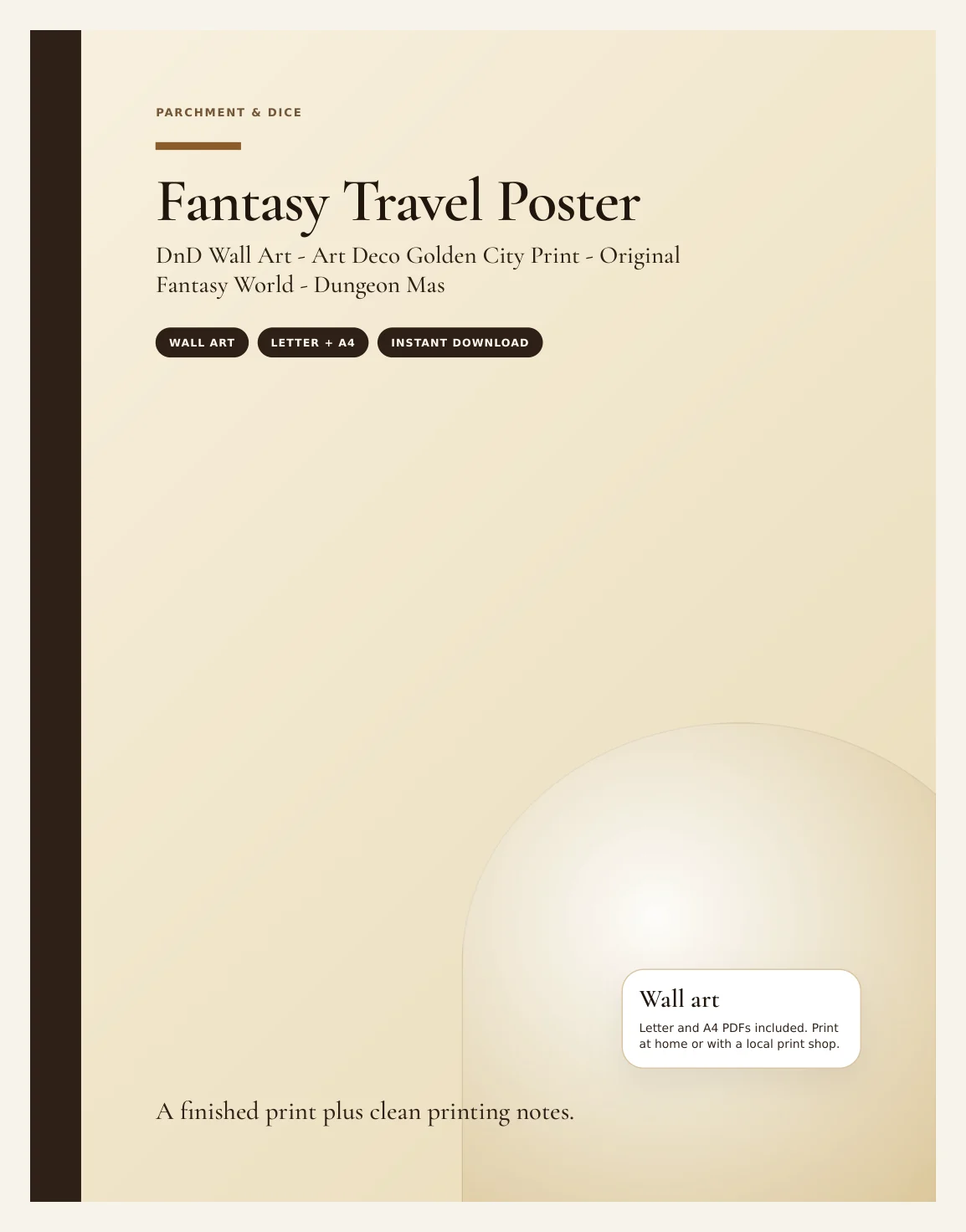 Fantasy Travel Poster - DnD Wall Art - Art Deco Golden City Print - Original Fantasy World - Dungeon Master Gift - Instant Download — Preview page 1