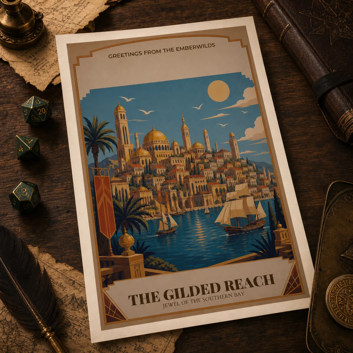 Fantasy Travel Poster - DnD Wall Art - Art Deco Golden City Print - Original Fantasy World - Dungeon Master Gift - Instant Download — DnD Wall Art - Art Deco Golden City Print - Original Fantasy World - Dungeon Mas