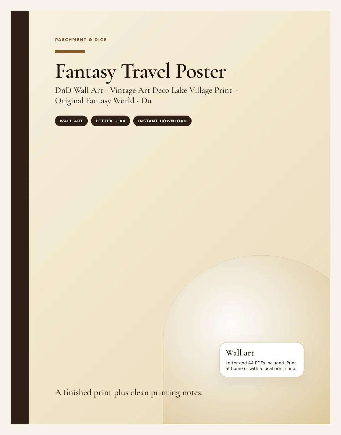 Fantasy Travel Poster - DnD Wall Art - Vintage Art Deco Lake Village Print - Original Fantasy World - Dungeon Master Gift - Instant Download — Preview page 1