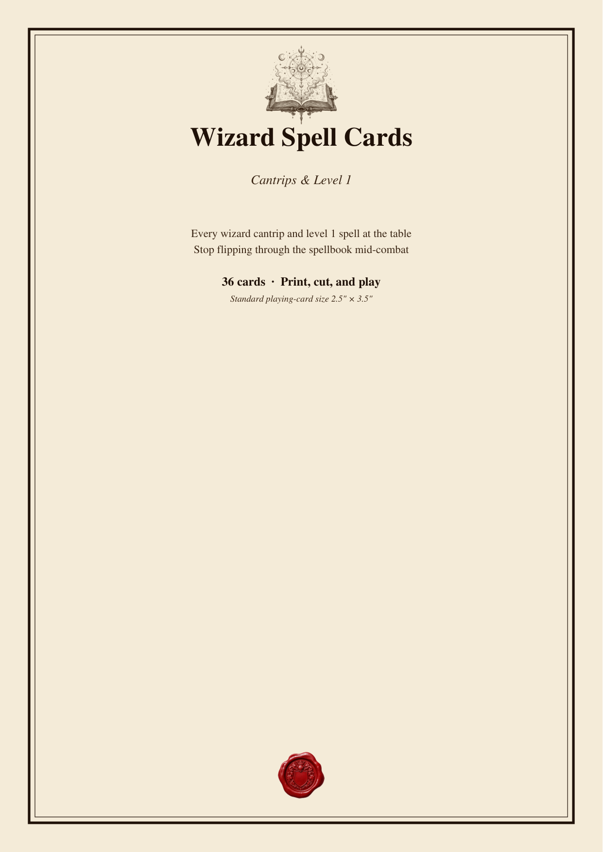 DnD Wizard Spell Cards 5e Printable PDF — All wizard cantrips + level 1 spells