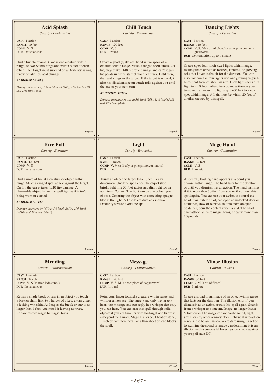 DnD Wizard Spell Cards 5e Printable PDF preview 3